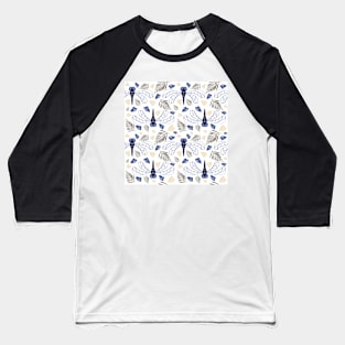 Blue Dragonfly and Leaf Pattern on White Baseball T-Shirt